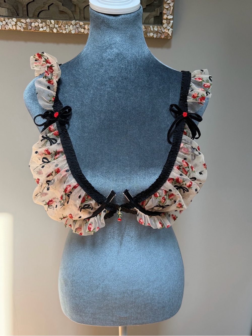 For LOVE & LEMONS 36DD BRA KENDRA BLACK red ROSE Embroidery Bow Corset Ruffles
